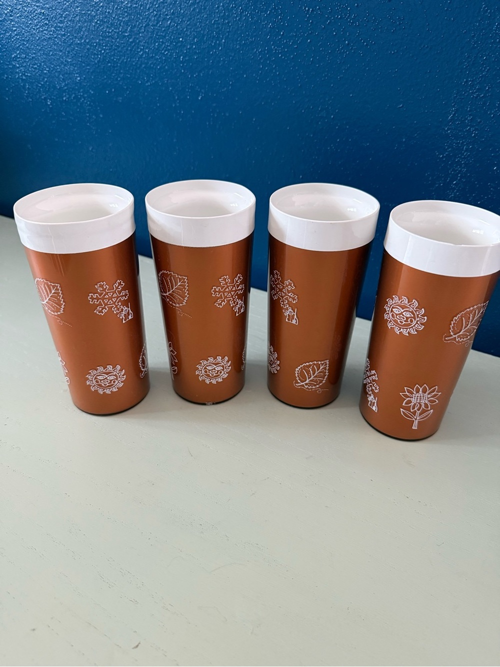 Vintage Set of 4 West Bend Thermo-Serv Tumblers Cups Copper 4 Seasons Insulated